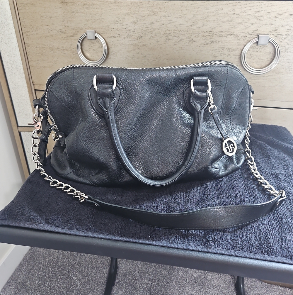 Black Leather Satchel Bag with Chain Strap